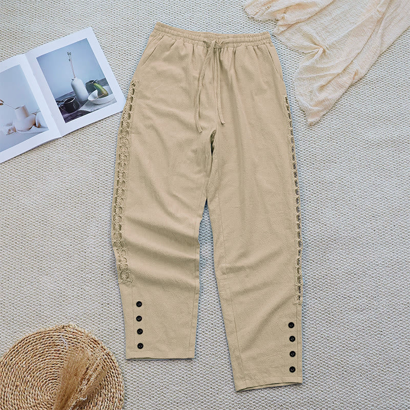 Buddha Stones Summer Plain Color Splicing Design Cotton Linen Women's Pants With Pockets