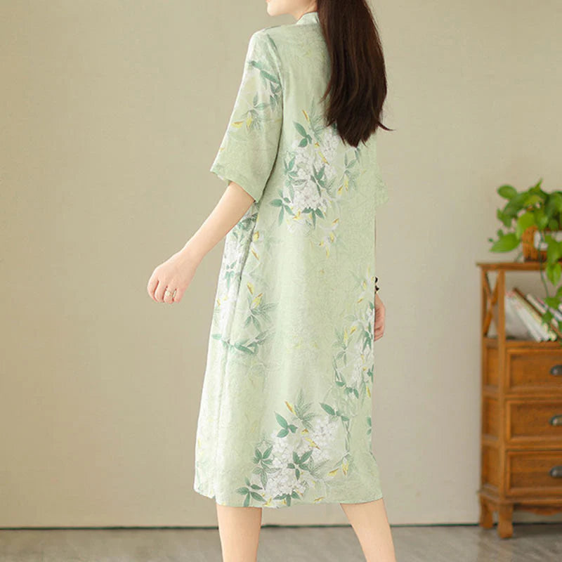 Buddha Stones Floral Jacquard Cotton Linen Chinese Cheongsam Qipao Half Sleeve Midi Dress With Pockets