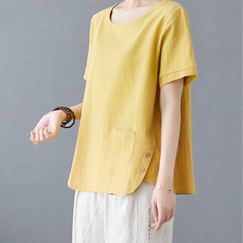 Buddha Stones Side Slit Design Women's Cotton Linen Crew Neck Short Sleeve T-Shirt Wtih Pocket