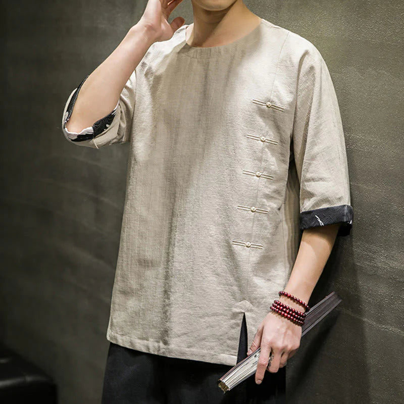 Buddha Stones Summer Retro Solid Color Patchwork Design Men's Three Quarter Sleeve Cotton Linen T-Shirt