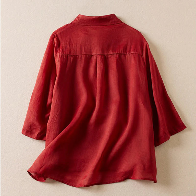 Buddha Stones Retro Plain Fake Two Pieces Button Half Sleeve Design Women's Cotton Linen Shirt