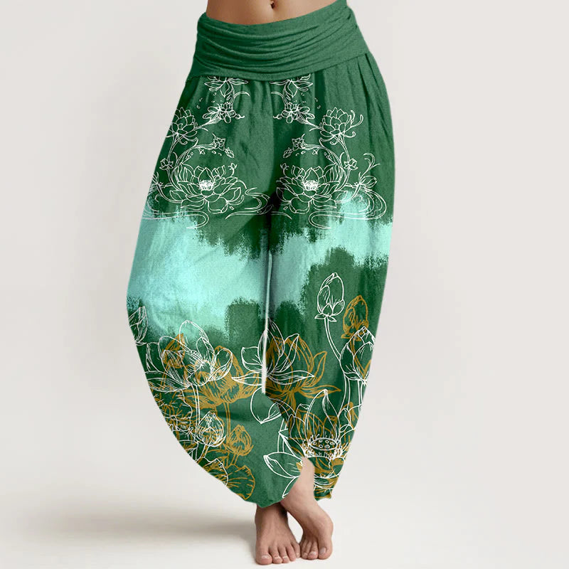 Buddha Stones Cotton Colorful Lotus Pattern Women's Elastic Waist Harem Pants