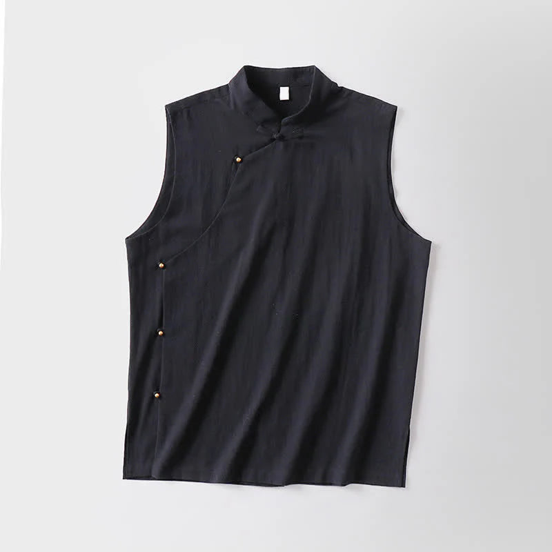 Buddha Stones Summer Solid Color Stand Collar Frog-Button Men's Cotton Linen Sleeveless Vest