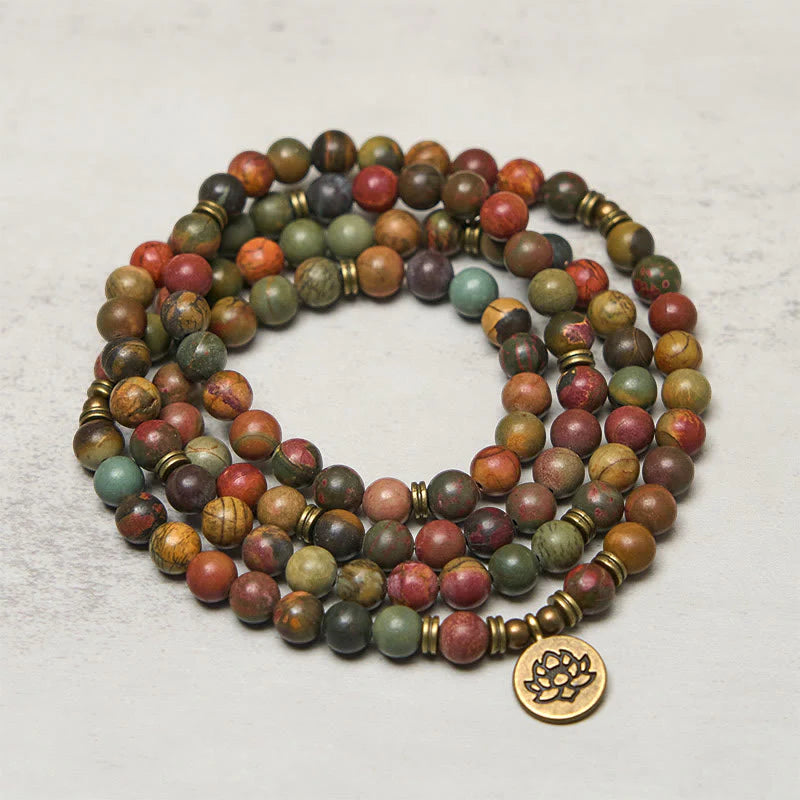 Buddha Stones Retro Lotus Symbol Charm Round Bead Red Turquoise Warm Mala