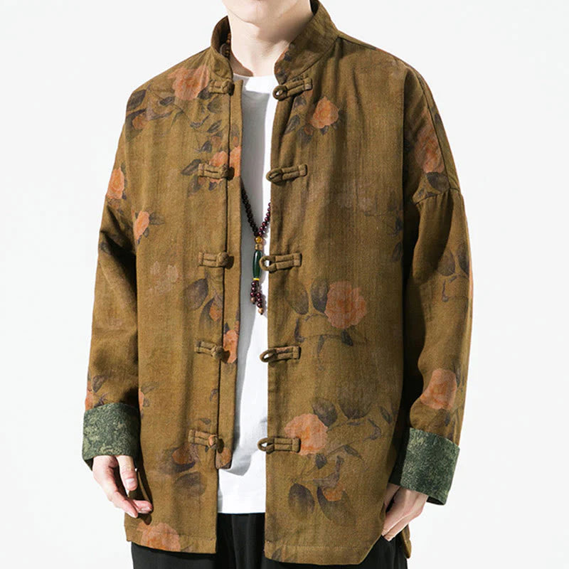 Buddha Stones Spring Printed Floral Pattern Men's Chinese Frog-button Long Sleeve Cotton Jacket