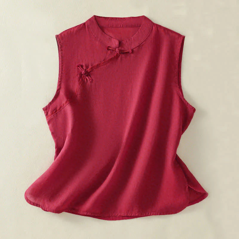 Buddha Stones Summer Retro Plain Frog-Button Stand Collar Women's Sleeveless Vest