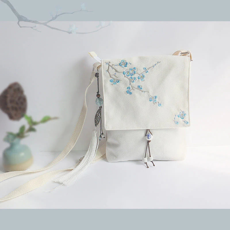 Buddha Stones Handmade Embroidered Plum Flowers Canvas Crossbody Bag Shoulder Bag Handbag