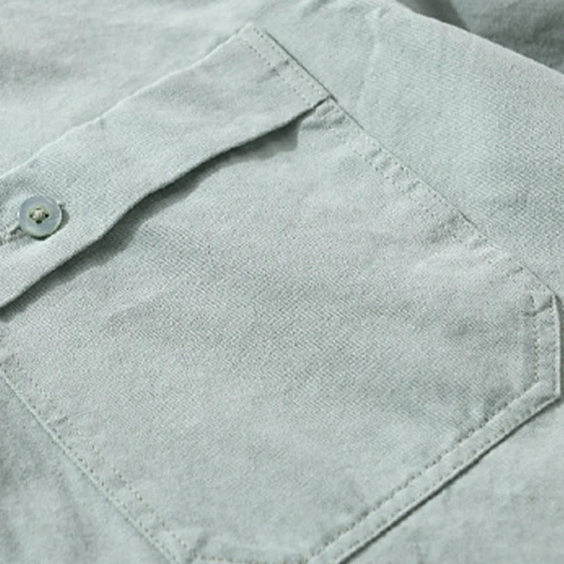 Buddha Stones Casual Solid Buttons Down Decorative Pocket Men's Stand Collar Long Sleeve Cotton Shirt