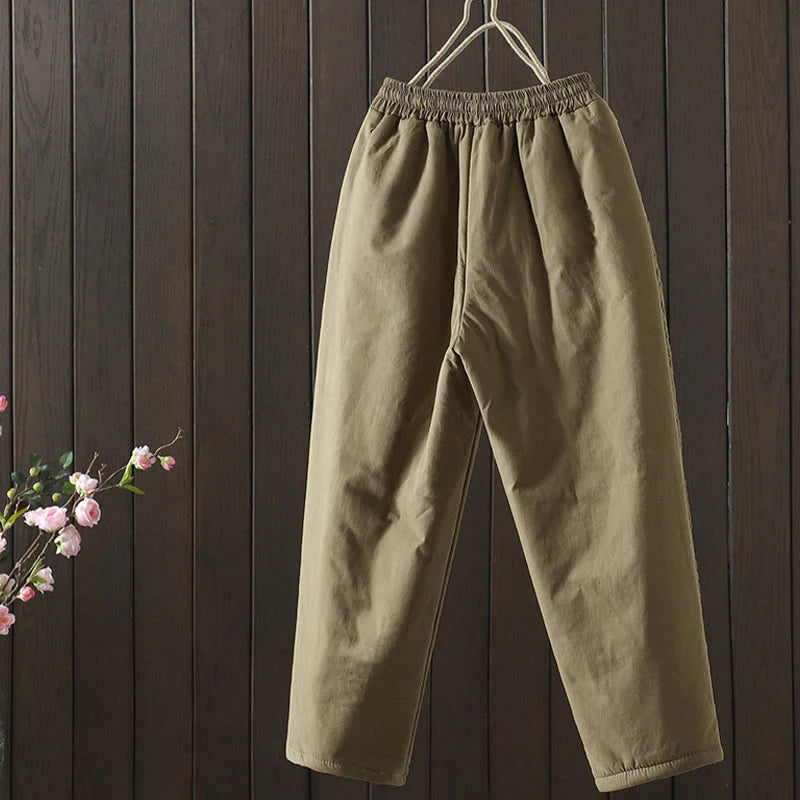 Buddha Stones Flower Pattern Cotton Polyester Embroidery Thick Women's Pants With Pockets