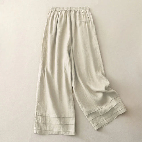 Buddha Stones Vintage Solid Color Pleated Cuff Design Cotton Linen Women's Wide Leg Pants With Pockets