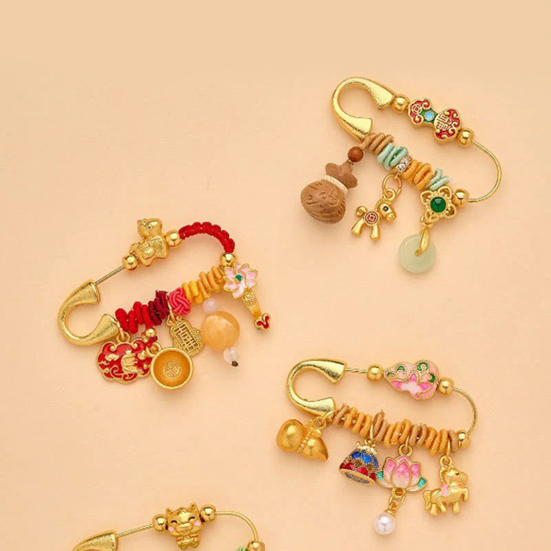 Buddha Stones Year Of The Horse Fu Character Lotus Attract Fortune Ruyi Handle Peace Buckle Luck Brooch