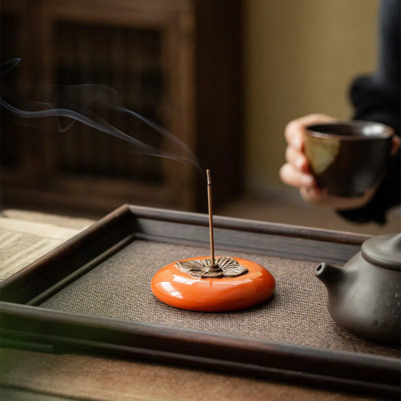 Buddha Stones Persimmon Ceramic Meditation Healing Incense Burner Incense Holders