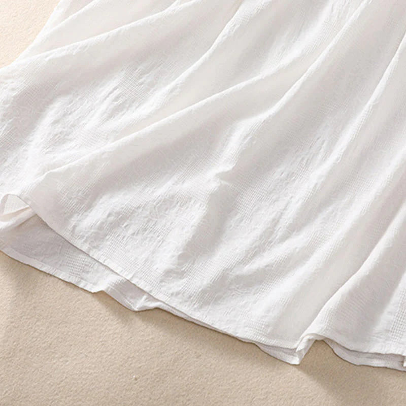 Buddha Stones Summer Plain Hollow Jacquard Design Cotton Short Sleeve Midi Dress With Pockets