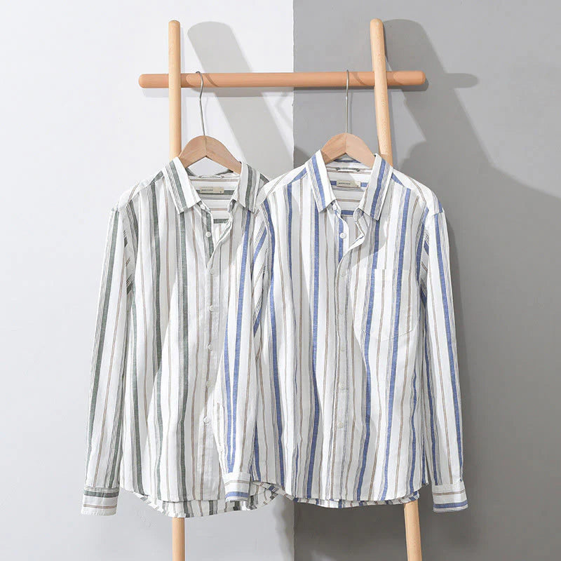 Buddha Stones Fall Stripe Decorative Pocket Buttons Down Long Sleeve Three Quarter Sleeve Short Sleeve Men's Cotton Shirt