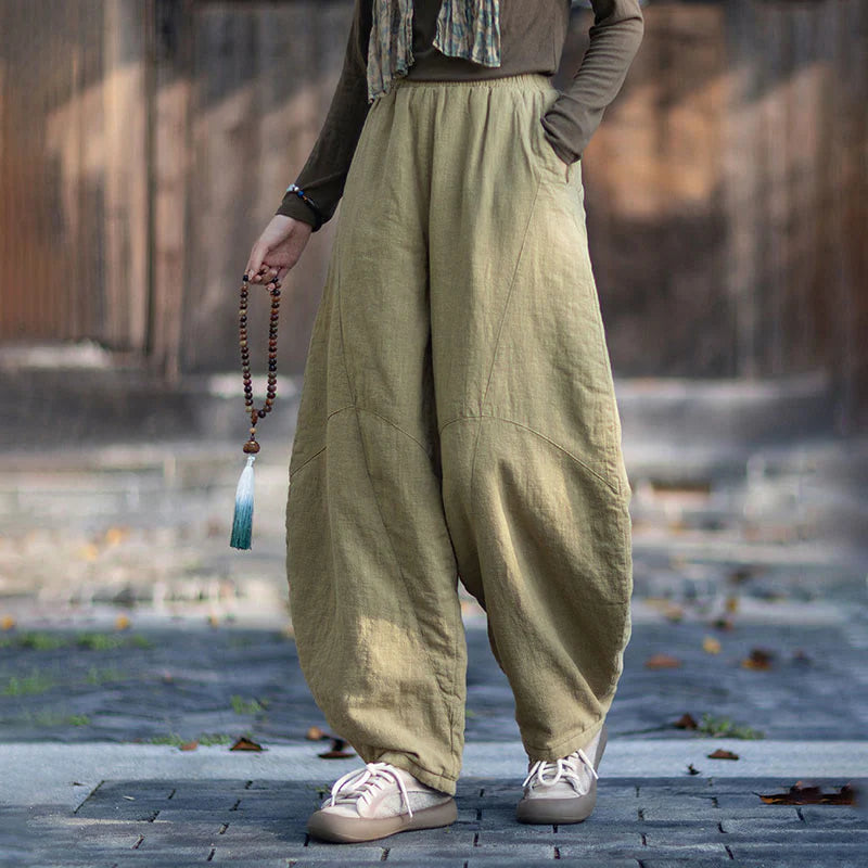 Buddha Stones Winter Elastic Waist Ramie Cotton Thermal Women's Pants With Pockets