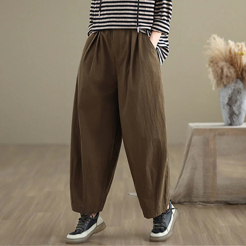 Buddha Stones Casual Solid Color One Top Button Elastic Waistband Women's Pants With Pockets