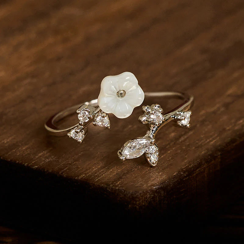 Buddha Stones White Flower Design Adjustable Healing Copper Ring
