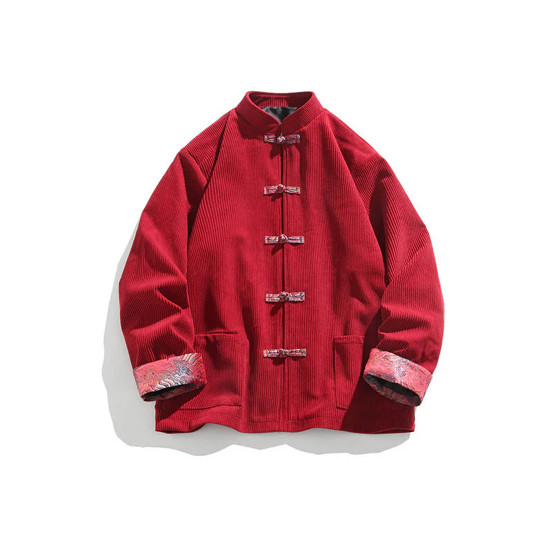 Buddha Stones Spring Jacquard Frog-Button Men's Cotton Corduroy Long Sleeve Jacket With Pockets