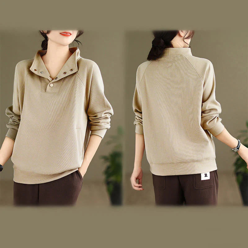 Buddha Stones Fall Solid Stand Collar Buttons Design Long Sleeve Women's Cotton Sweatshirt