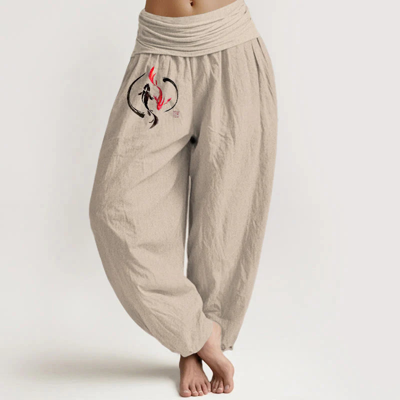 Buddha Stones Yin Yang Koi Fish Design Women's Elastic Waist Harem Pure Cotton Pants