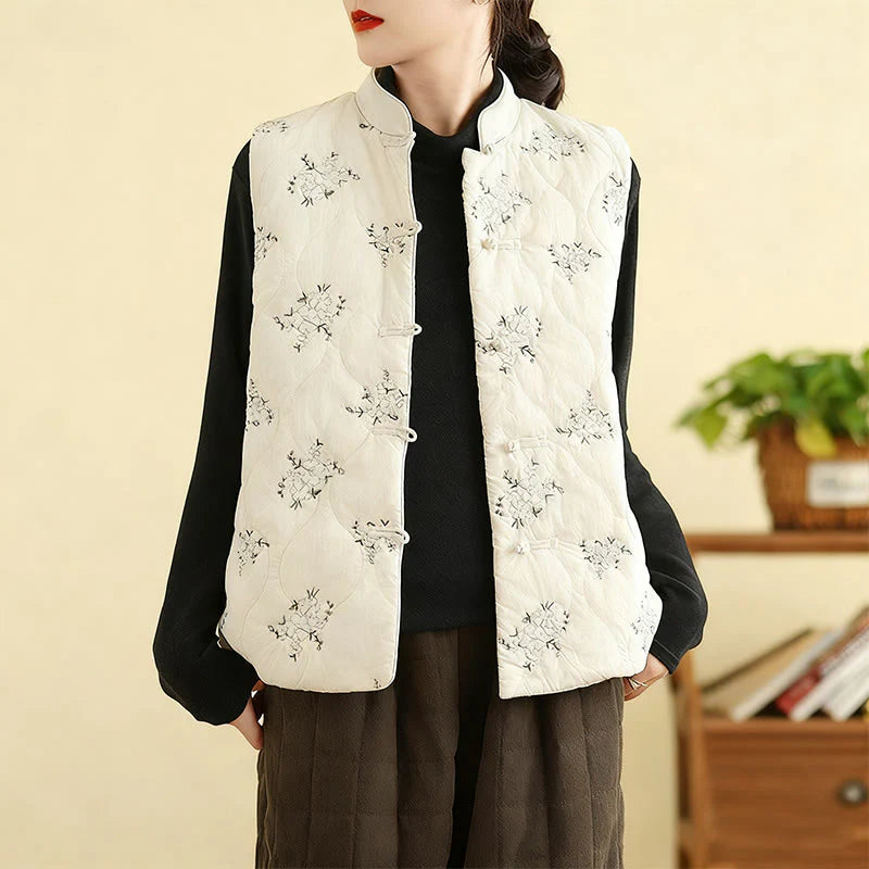 Buddha Stones Embroidered Frog-Button Women's Sleeveless Cotton Vest Waistcoat With Pockets