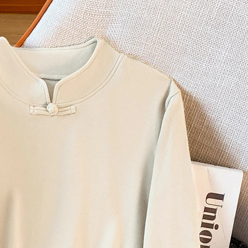 Buddha Stones Spring Solid Color Stand Collar Frog-button Design Women's Cotton Long Sleeve Shirt