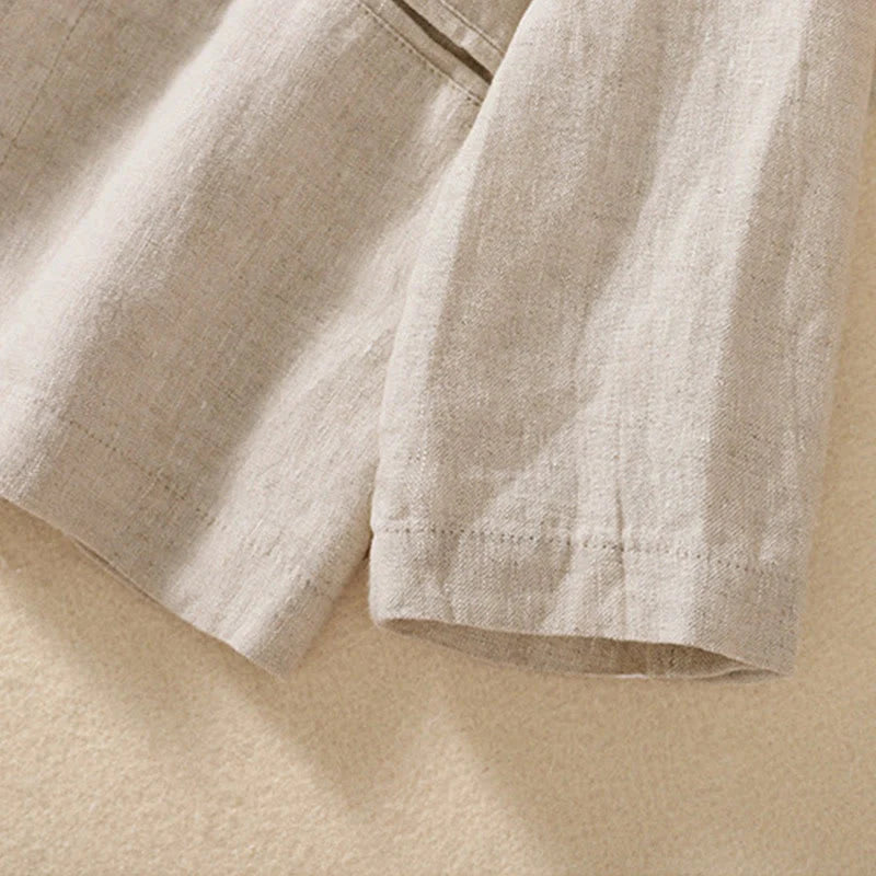 Buddha Stones Women's Cotton Linen Stand Collar Long Sleeve Shirt With Pockets
