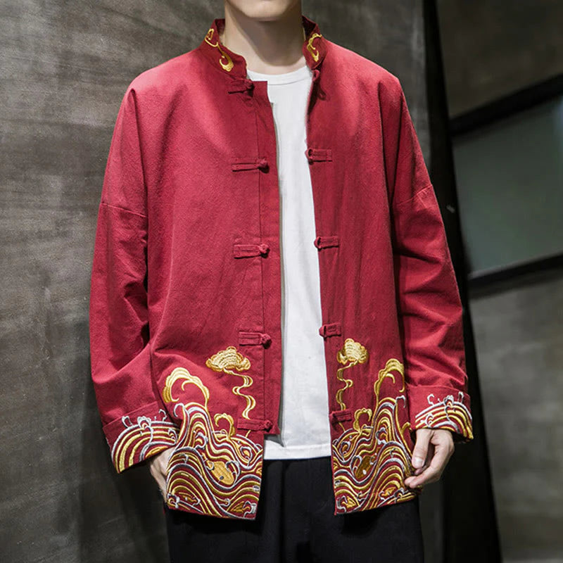 Buddha Stones Embroidered Clouds Frog-Button Long Sleeve Men's Cotton Tang Suit Jacket