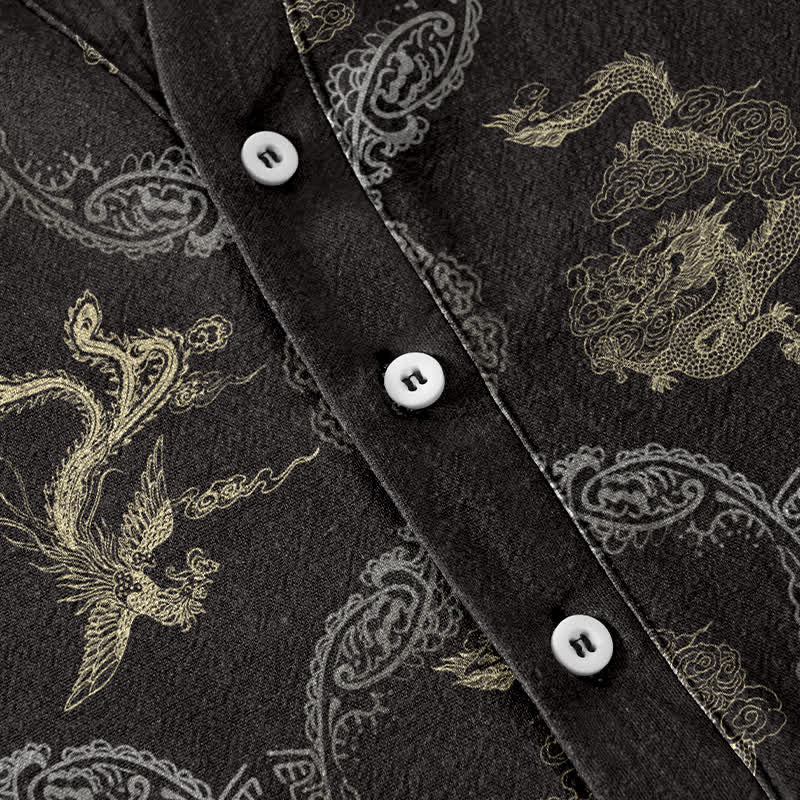 Buddha Stones Cotton Dragon Phoenix Emblem Men's Short Sleeve Half Button Shirt