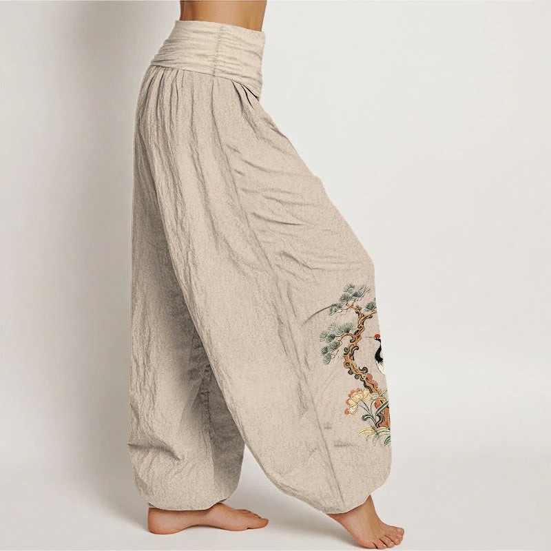 Buddha Stones Pure Cotton Crane Pine Tree Flower Grass Pattern Women's Elastic Waist Harem Pants