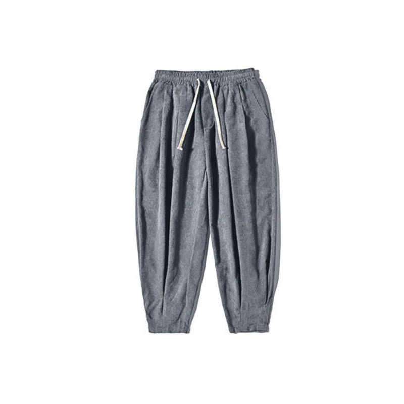 Buddha Stones Retro Men's Plain Fleece-Lined Corduroy Simple Design Harem Pants With Pockets