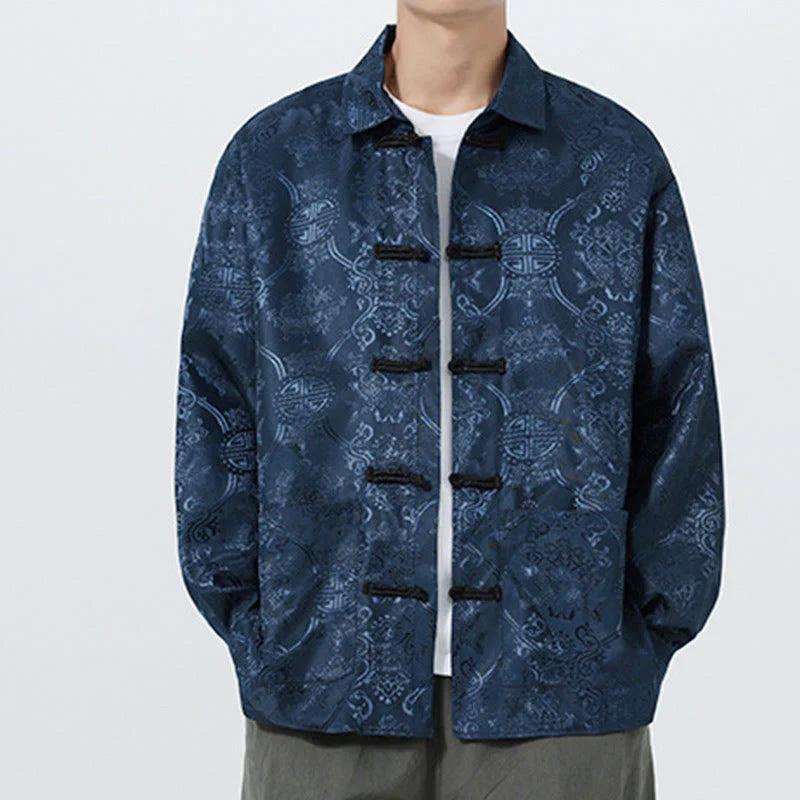 Buddha Stones Spring Jacquard Lapel Long Sleeve Men's Tang Suit Frog-Button Jacket With Pockets