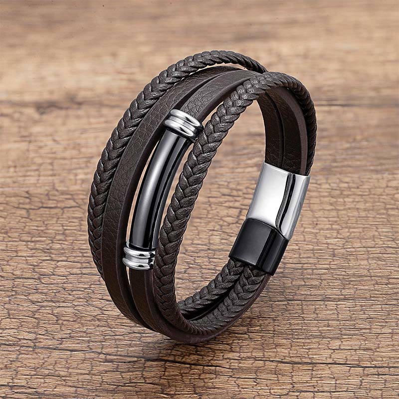Buddha Stones Multi-layered Simple Design Leather Titanium Steel Balance Bracelet