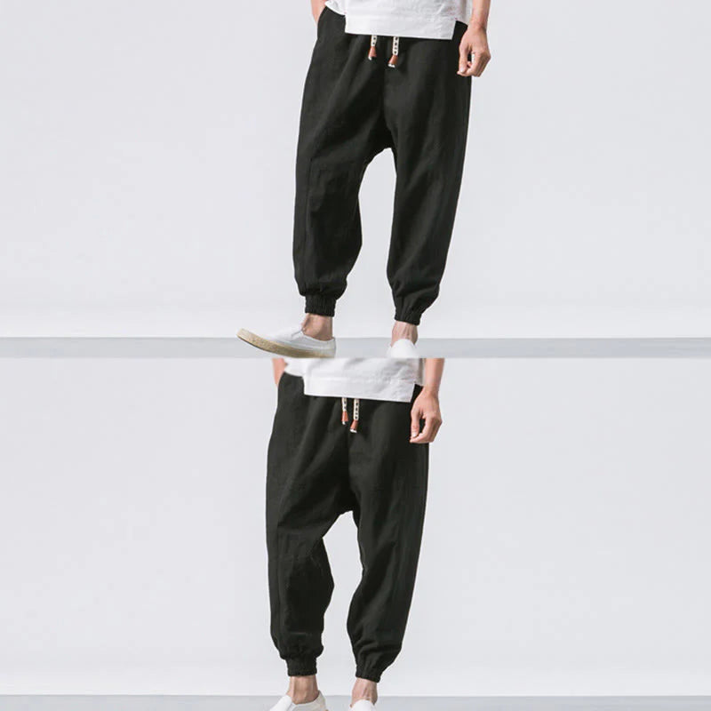 Buddha Stones Men's Plain Simple Drawstring Design Cotton Harem Pants With Pockets