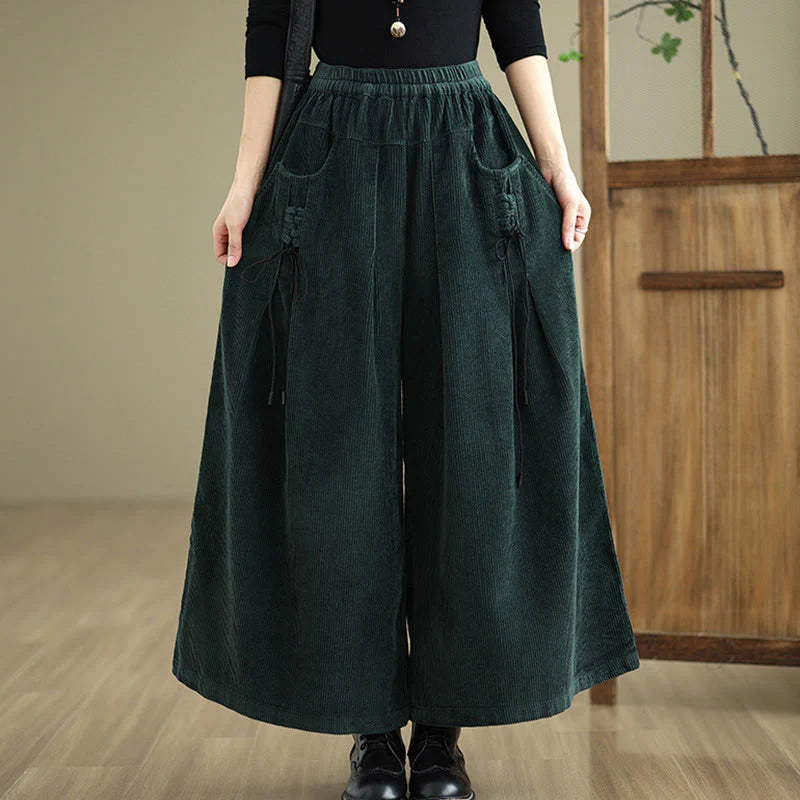 Buddha Stones Women's Pure Color Drawstring Design Wide Leg Corduroy Pants With Pockets
