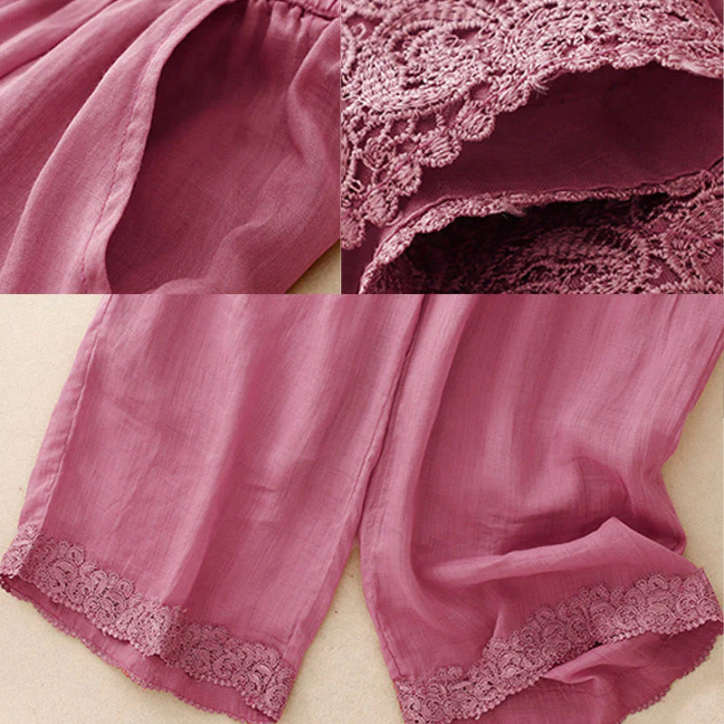 Buddha Stones Causal Vintage Plain Drawstring Lace Patchwork Design Women's Wide Leg Cotton Elastic Waistband Pants With Pockets