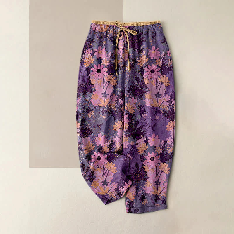 Buddha Stones Colorful Floral Print Pure Cotton Women's Elastic Waist Pants With Pockets