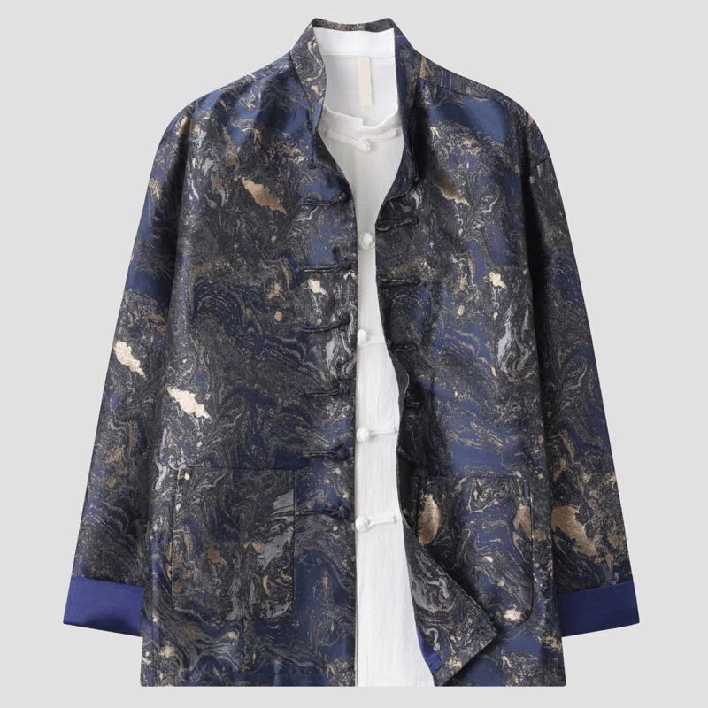 Buddha Stones Blue Flowing Water Mountains Frog-Button Long Sleeve Men's Jacket With Pockets