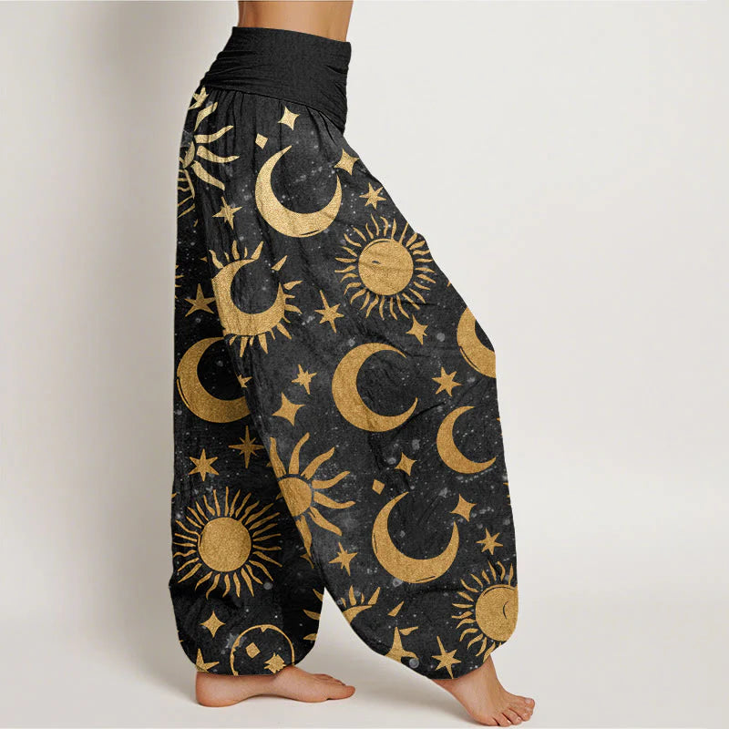 Buddha Stones Cotton Crescent Moon Sun Stars Pattern Design Women's Elastic Waist Harem Pants