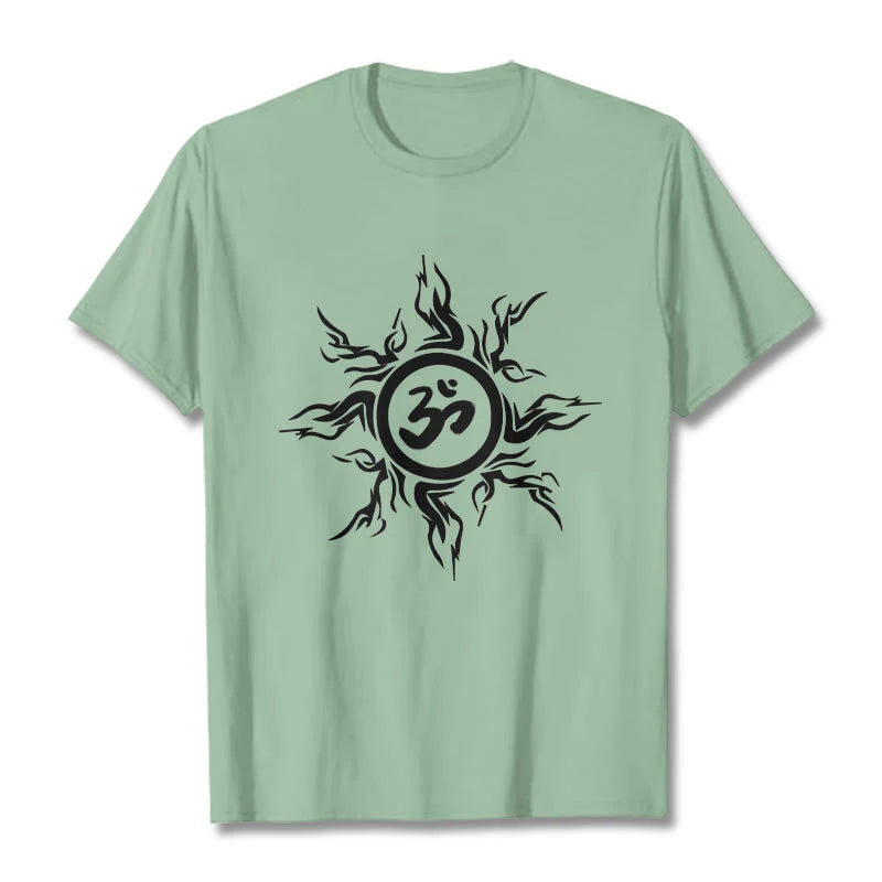 Buddha Stones Sunburst Pattern Surrounding An Om Symbol Pattern Cotton Tee T-shirt