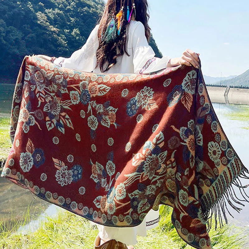 Buddha Stones Jacquard Ethnic Paisley Plants Pattern Tassel Soft Thermal Scarf Shawl