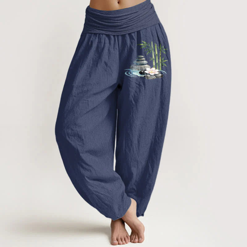 Buddha Stones Pure Cotton Bamboo Flower Stones High Waist Women's Harem Pants