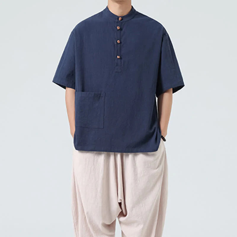 Buddha Stones Casual Half Frog-Button Design Stand Collar Tang Suit Men's Half Sleeve Cotton Shirt With Pocket