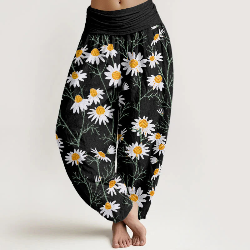 Buddha Stones Cotton White Petals Daisy Pattern Women's Elastic Waist Harem Pants