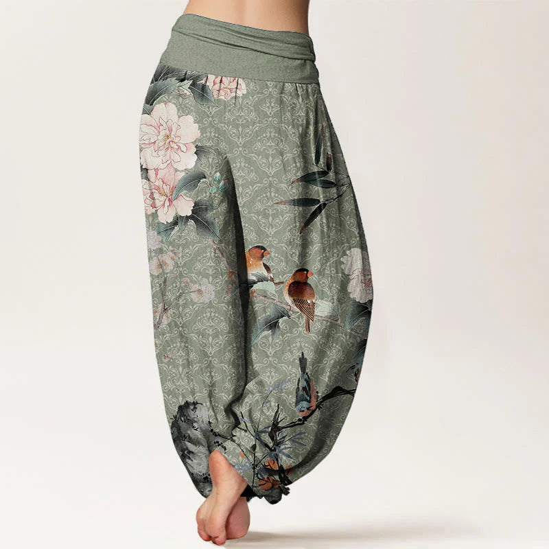 Buddha Stones Pure Cotton Warbler Bird Blooming Flower Branches Mandala Pattern Women's Elastic Waist Harem Pants