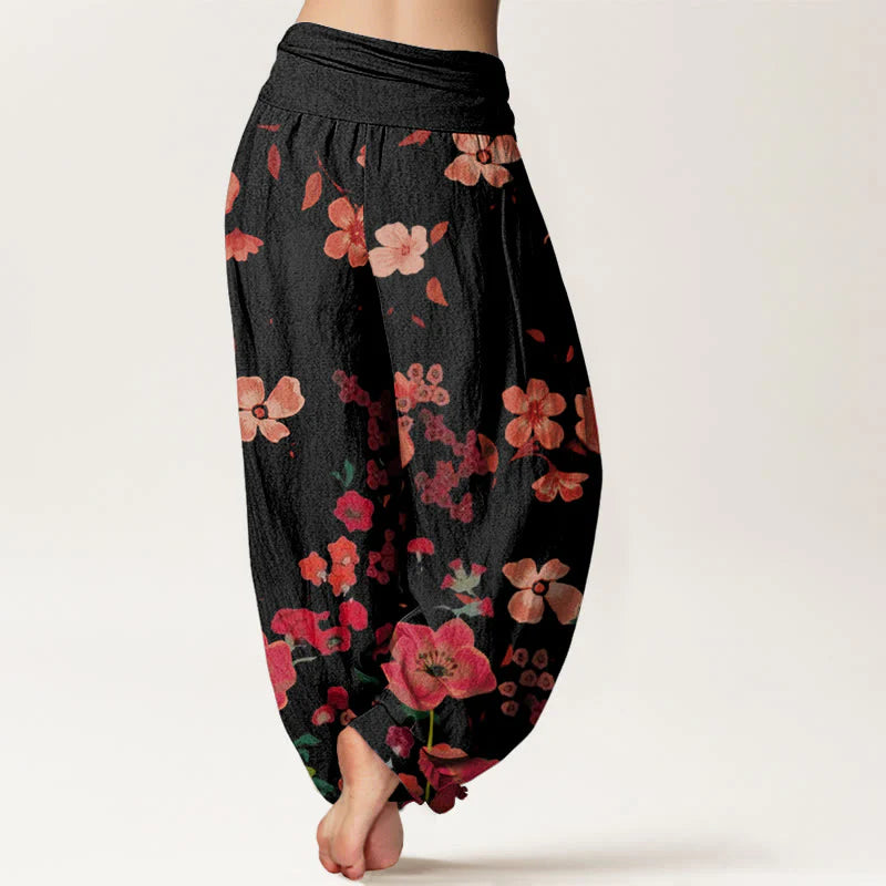 Buddha Stones Cotton Red Flowers Common Poppy Design Women's Elastic Waist Harem Pants