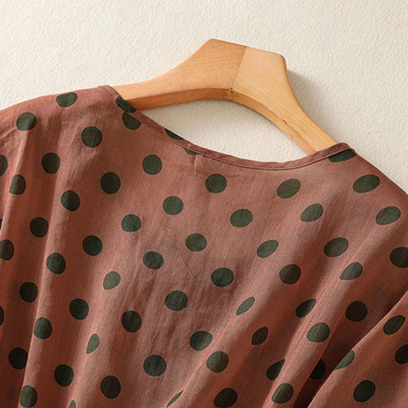 Buddha Stones Fall Round Neck Polka Dots Long Sleeve Women's Polyester Shirt