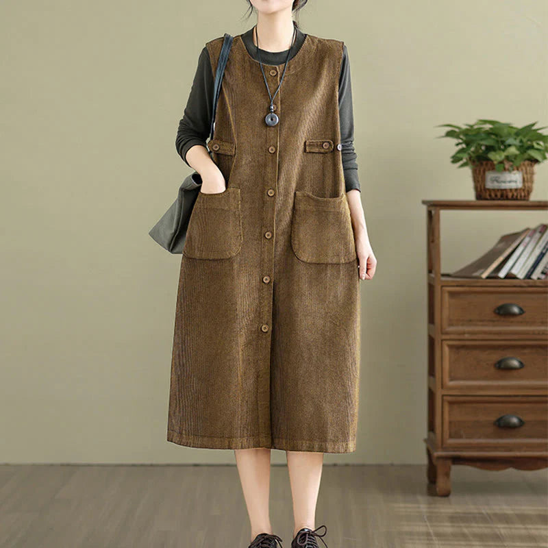 Buddha Stones Pure Colo Buttons Sleeveless Midi Dress With Pockets