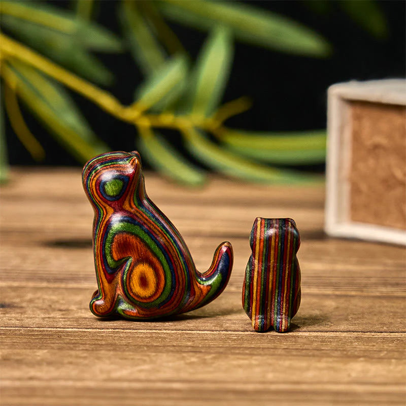 Buddha Stones 2Pcs Mini Rainbow Eucalyptus Sitting Cat Carved Reduce Stress Decoration