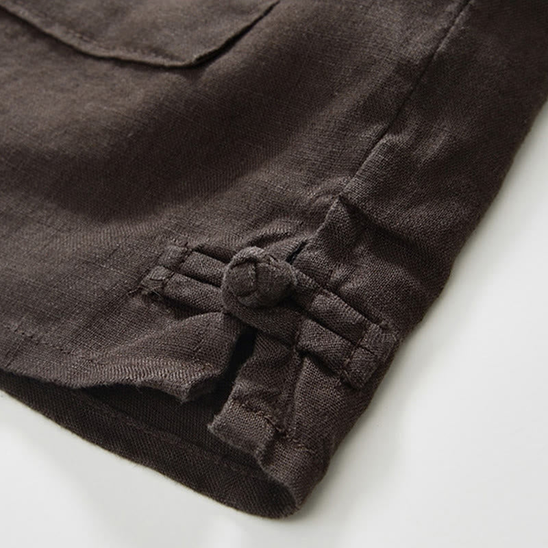 Buddha Stones Fall Solid Color Buttons Down Stand Collar Three Quarter Sleeve Linen Men's Shirt With Pockets